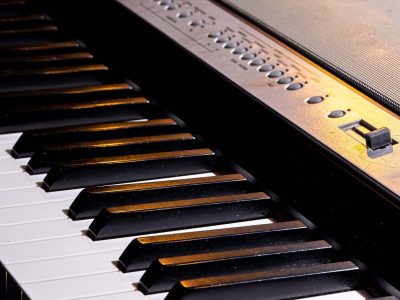 Close-up of keys of a synthesizer or electronic piano.